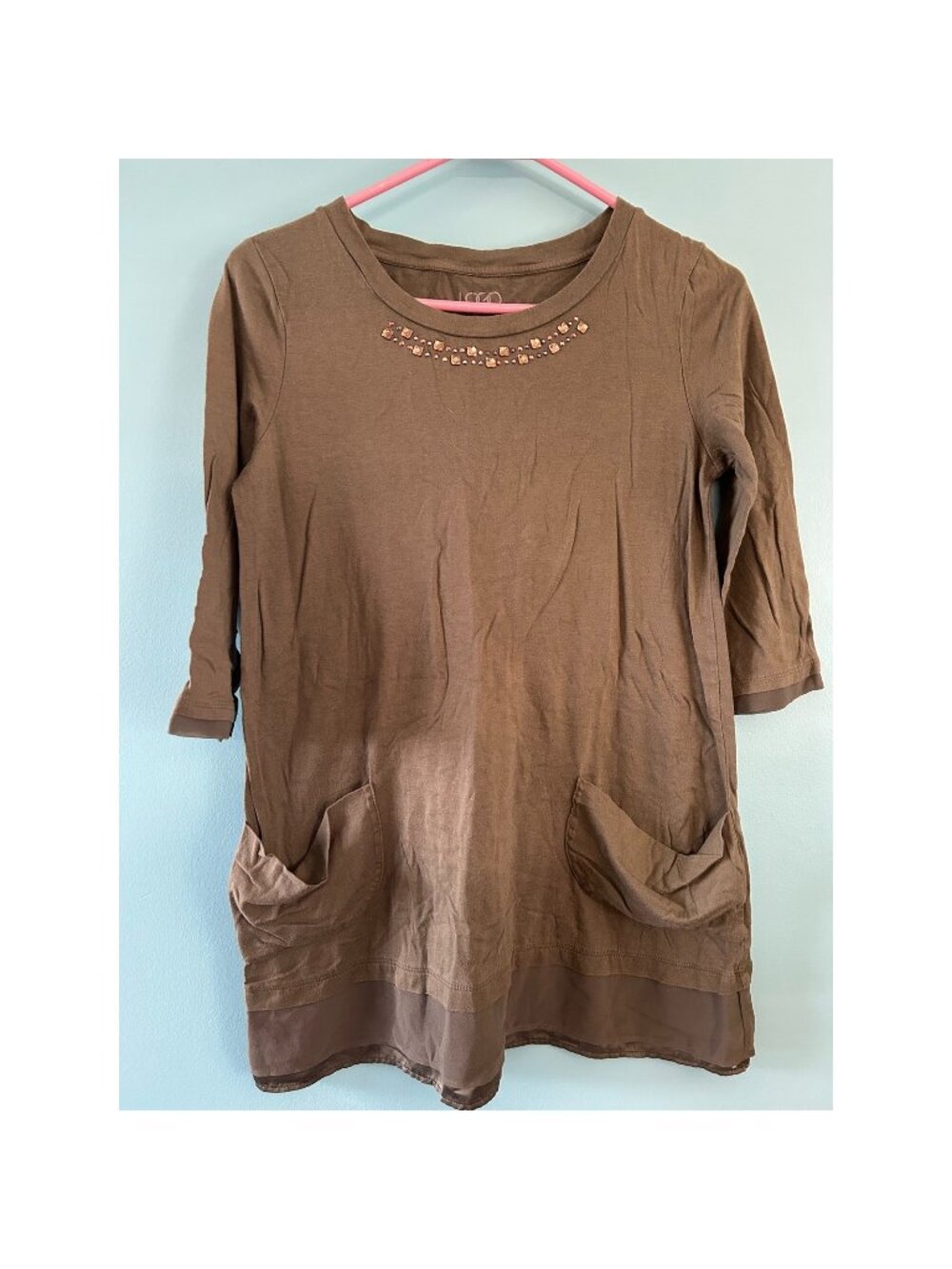 LOGO Lori Goldstein Tunic Top XXS Olive Brown Studded Neck Pockets 3/4 Sleeve